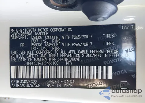 2017 Toyota 4Runner Trd Off Road from USA, damaged, VIN JTEBU5JR6H5466100